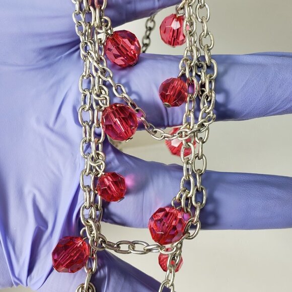 Women's Layered Silver tone & Pink Drop Beaded Necklace with Matching Earrings - Picture 3 of 6